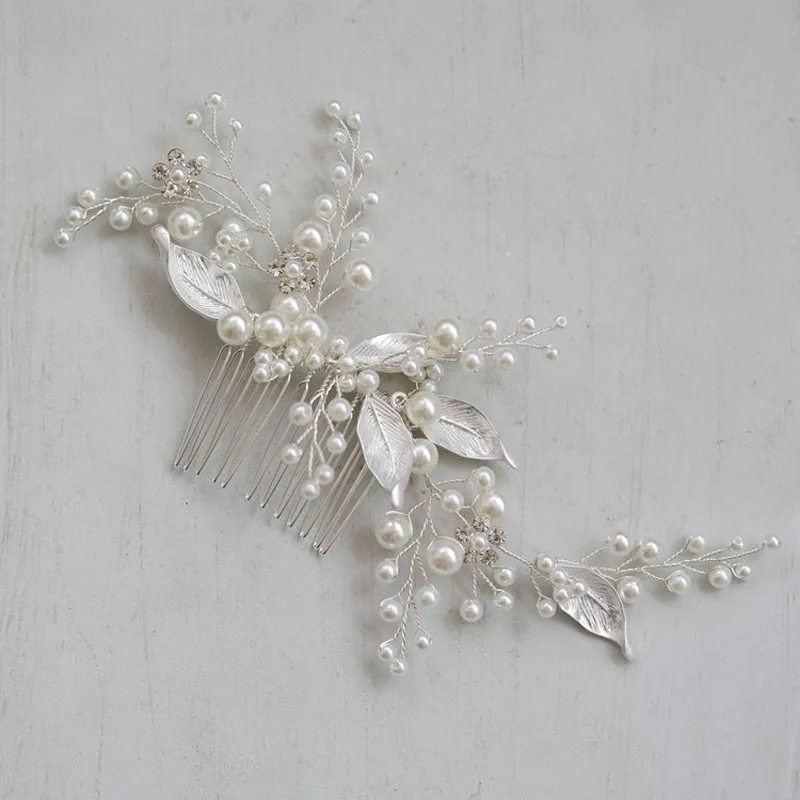 
SLBRIDAL Handmade Rhinestones Crystals Pearls Alloy Leaf Bridal Hair Comb Wedding Headpieces Hair accessories Women Jewelry 