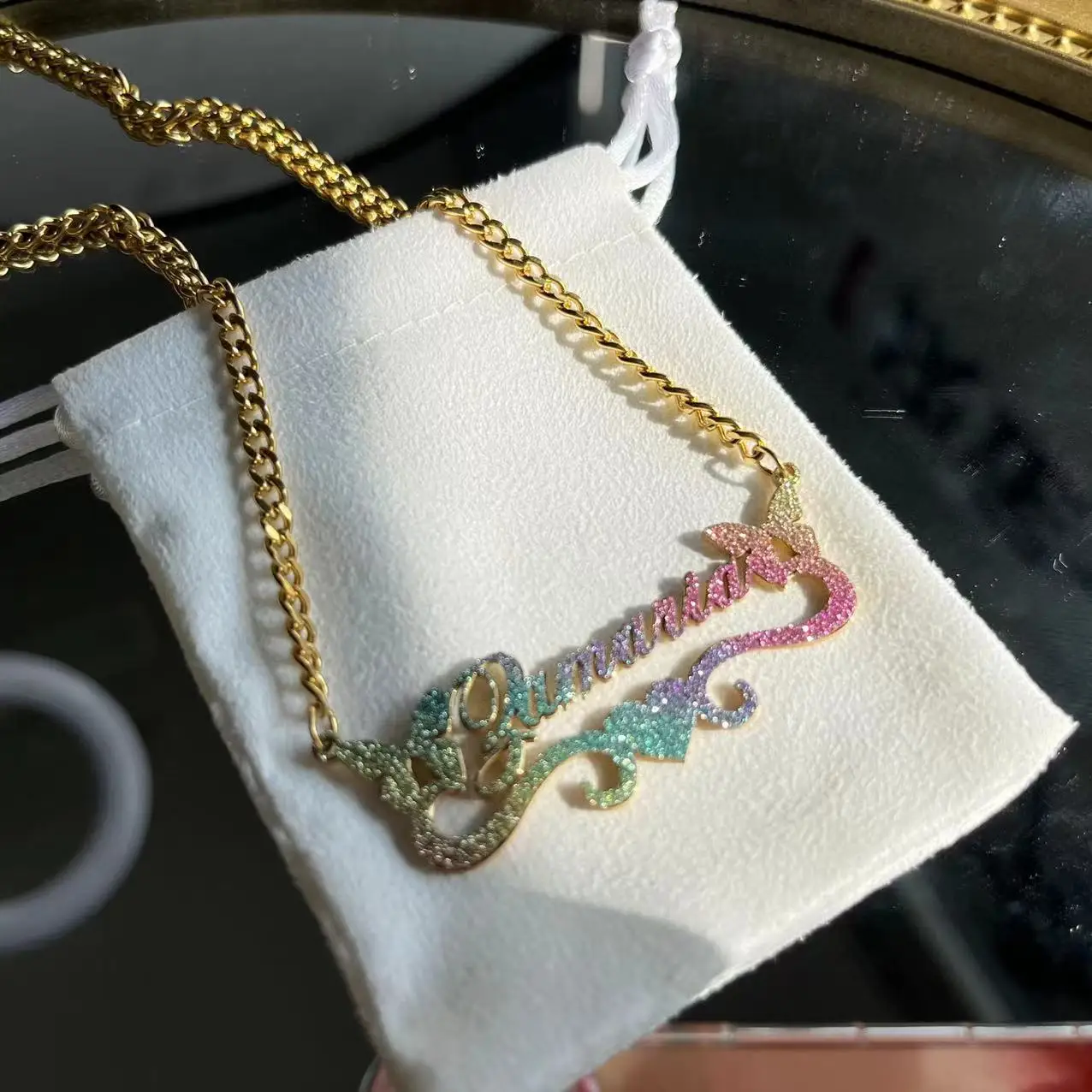 Fashion Custom name Colorful zircon Pendant necklace 18k gold plated stainless steel Butterfly  crown pendant women jewelry