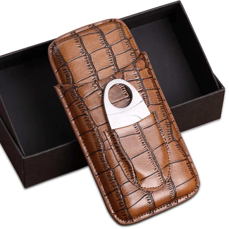 Stretch Freely Tobacco Cover Portable Travel Leather Cigar Humidor Box Holder Cigar Cases With Cigar Cutter