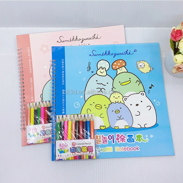 Wholesale custom printing kids drawing painting coloring book school note book with pencil
