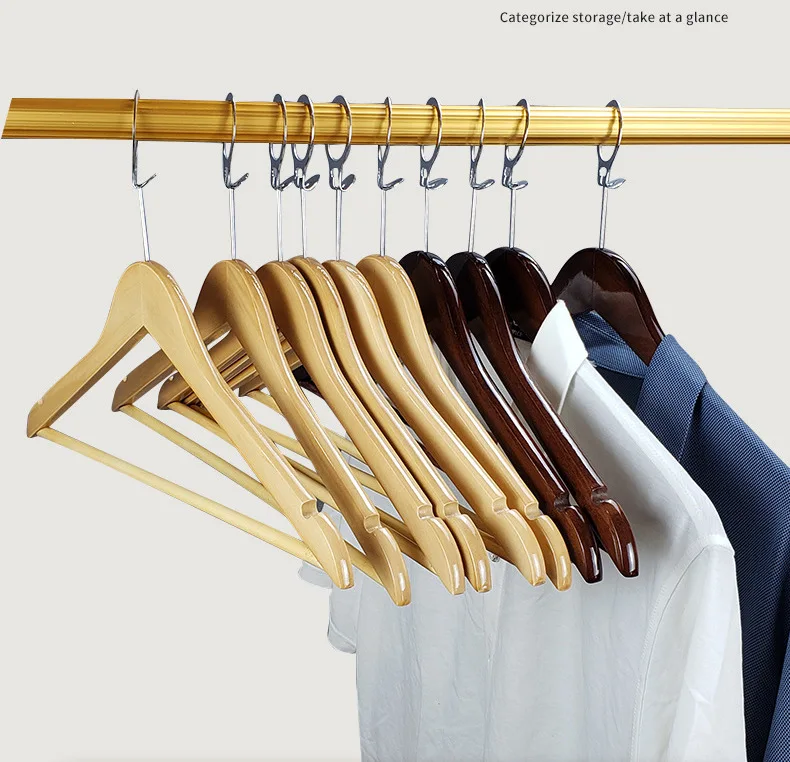 High Quality Natural Vintage Color Hotel Hangers Wholesale Anti Theft Wooden Hotel Suit Hanger with Ring