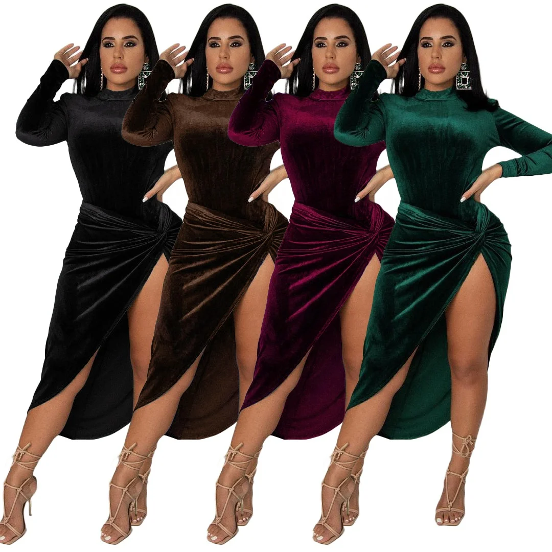 KX-GL6526   Autumn hot sale turtleneck bodysuit top 2 piece set skirt sexy nightclub high slit velour two piece set