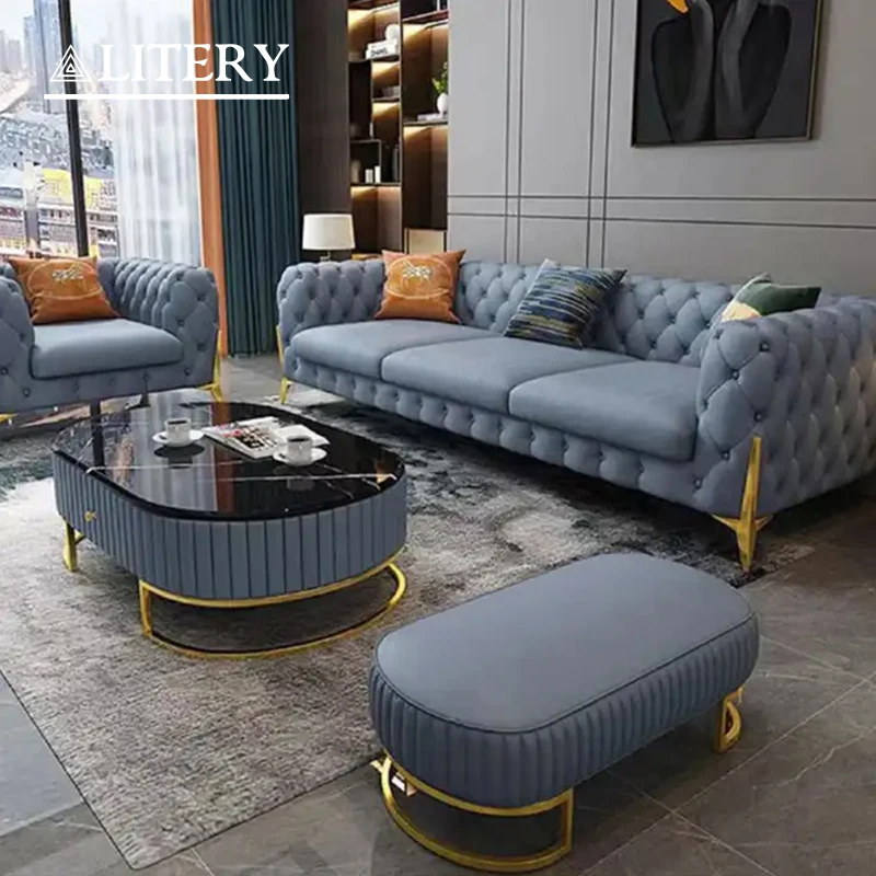 Living Room Furniture Sofa Set modern Design Royal Luxury Gold foot Living Room Leather Velvet Sofa set