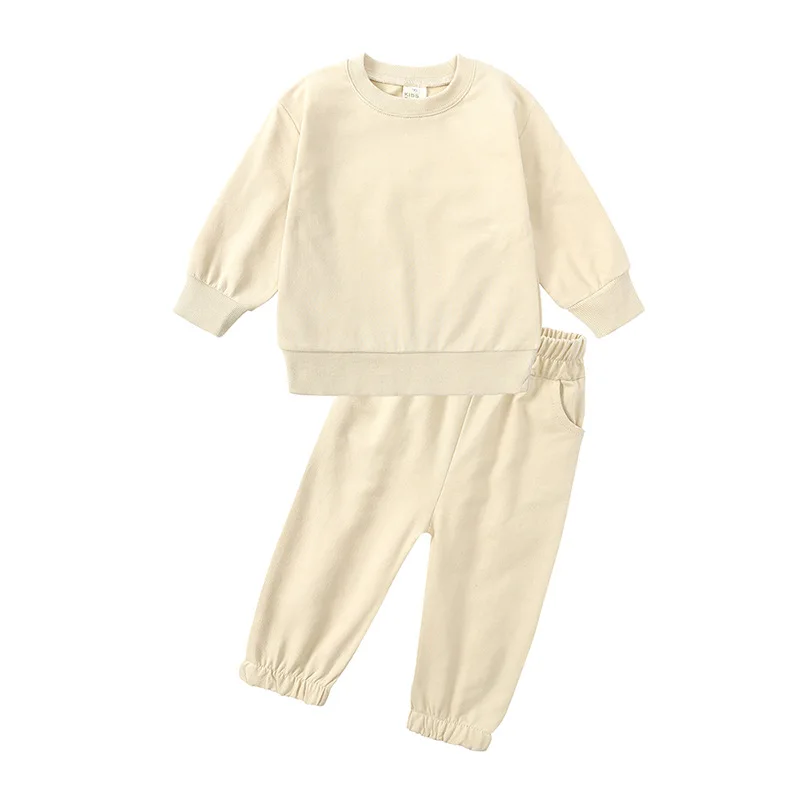 Autumn Winter Baby Infant Kids Boys Girls Solid Color Cotton Sweatshirt Sweatpants Hoodie Thick Clothes Toddler Clothing Set