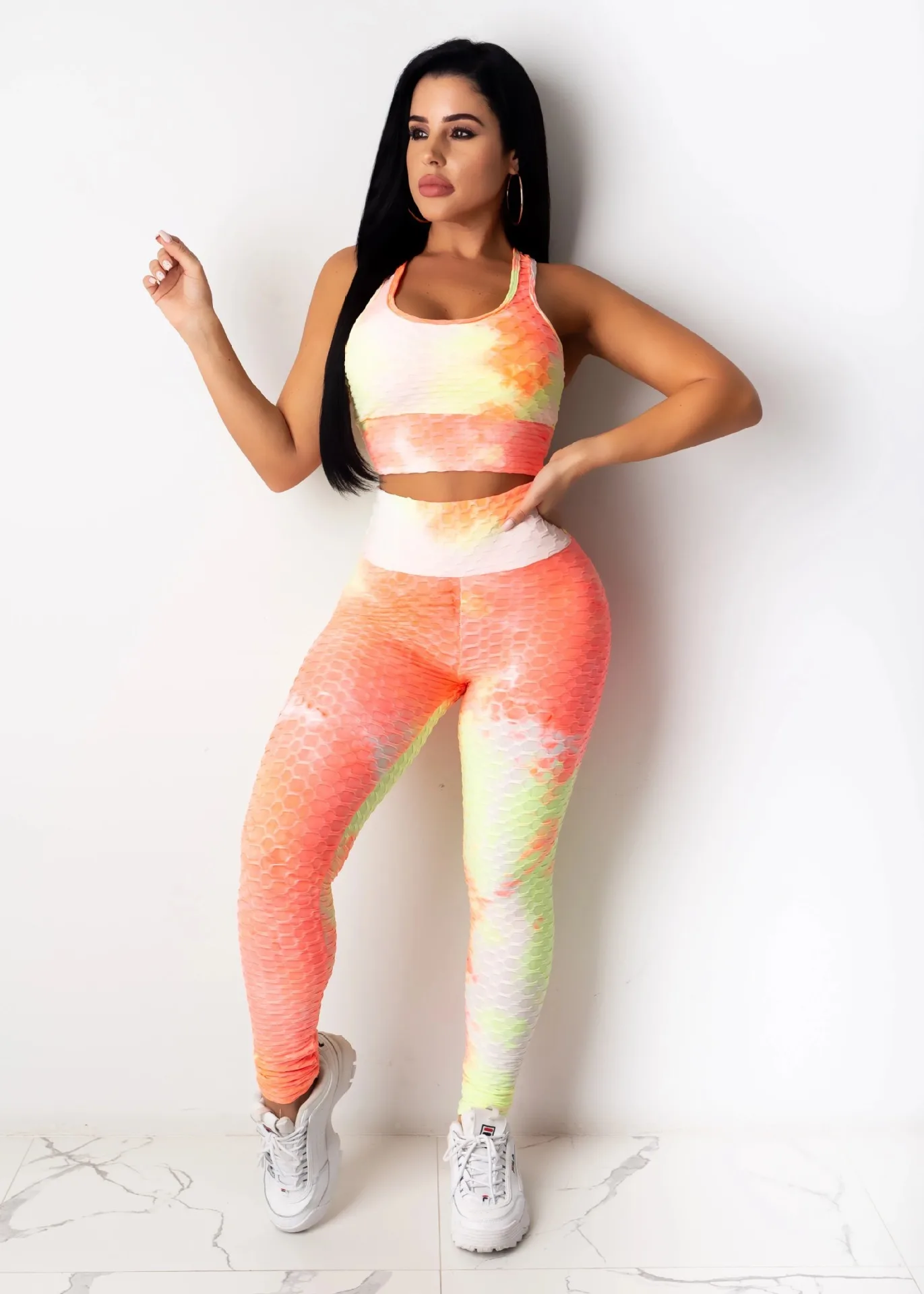 Wholesale Gym Fitness Sets Workout Clothing Women Anti Cellulite Scrunch Butt Leggings Set and Tie Dye Sports Bra