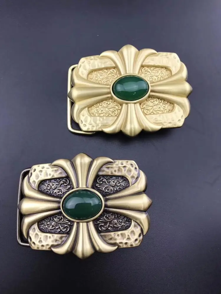 40mm inner width solid brass 3D embossed flower design green agate stone western name plate belt buckle
