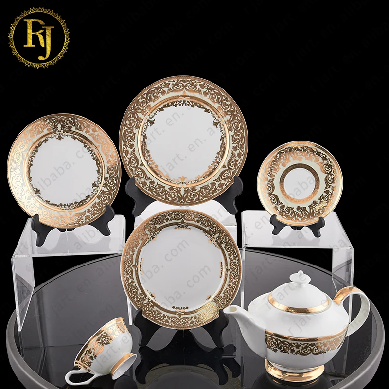 Muslim Delicate Pattern Design Ceramic Dinner Plate Kazak Skidki Chinni Idishlar Posuda Luxury Gold Bone China Dinnerware Sets