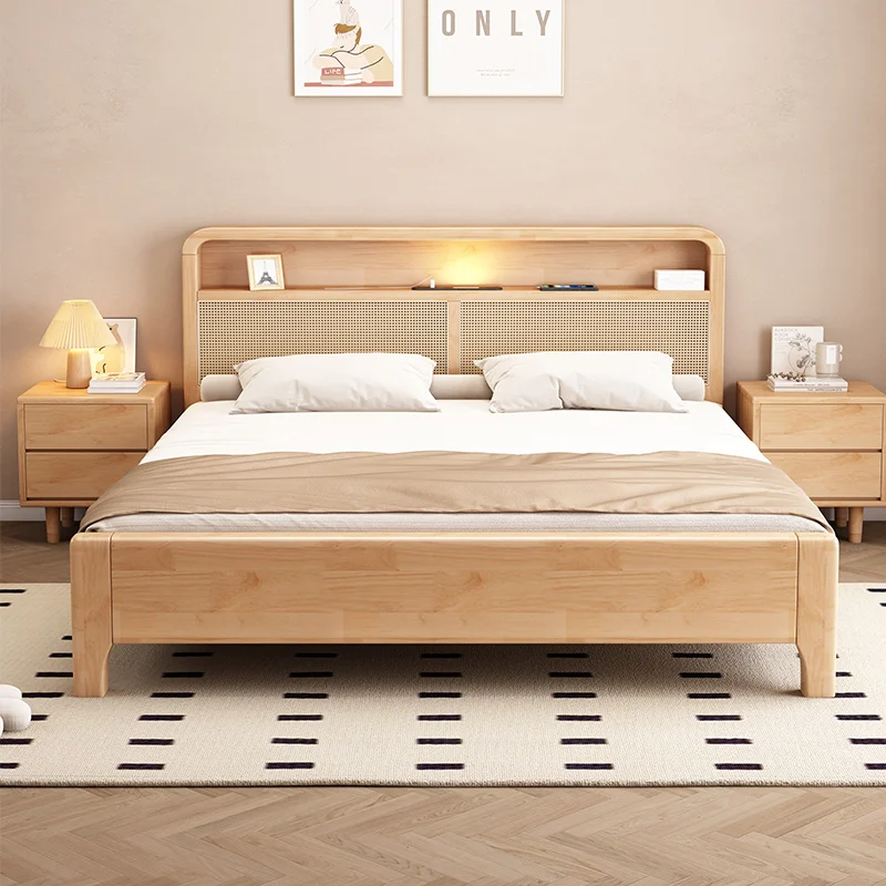Modern Simple Rattan Bed Queen King Size Wooden Frame Rattan Bed Storage Double Solid Wood Bed for Bedroom set