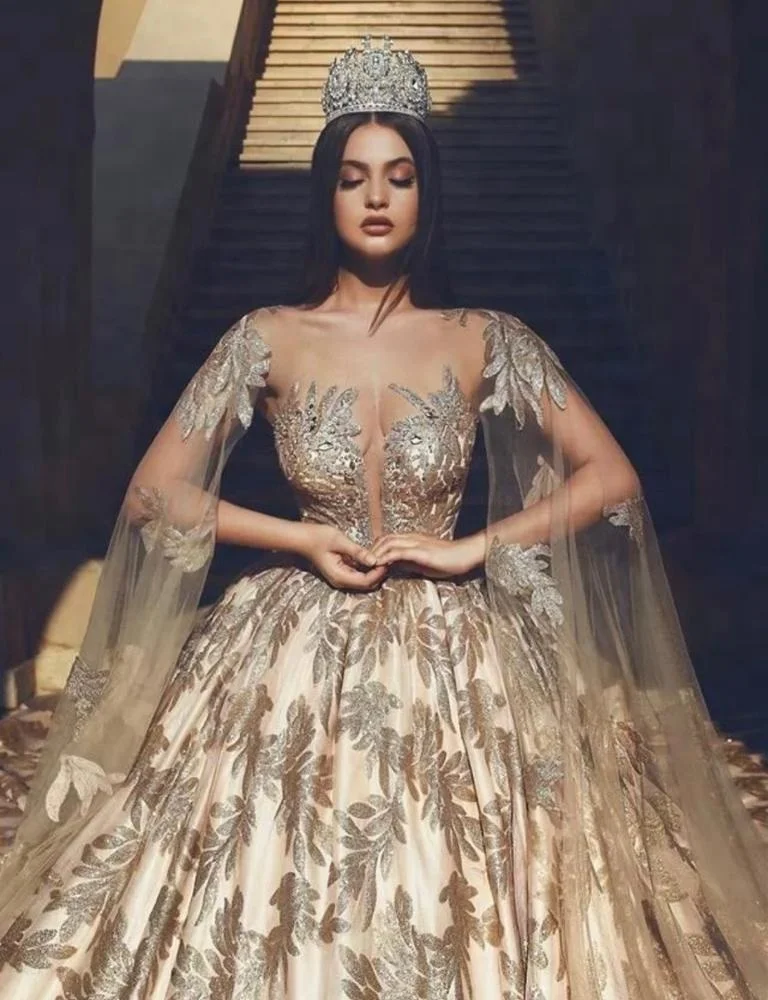 Beautiful Puffy Ball Gown Wedding Dress with Sleeves,Backless Wholesale Long Bride Gold Luxury Wedding Dress