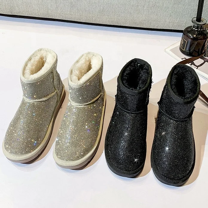 
High Quality Top Popular Wool Winter Boots New Style Crystal Rhinestone Sparkling Flat Women Snow Boots Ladies Hot Wholesale 