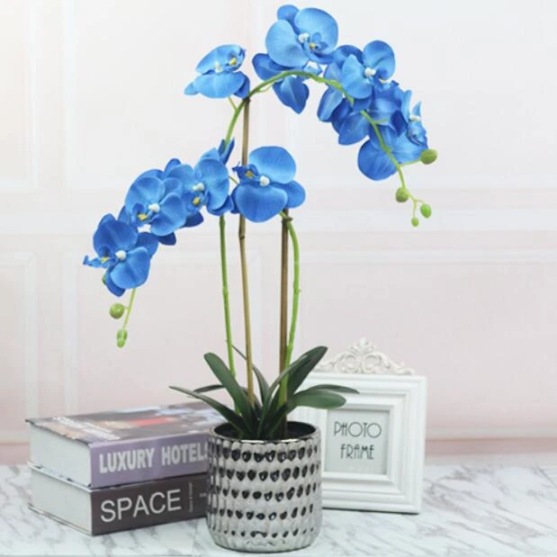 Real touch white purple phalaenpsis potted artificial silk orchid flower in pot