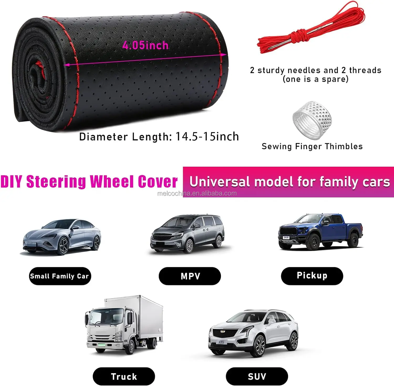 MELCO 2252 Genuine Leather,Red Hole Needle Thread Stitch on Wrap for Max Diameter 15 Inch, DIY Sewing Steering Wheel Cover