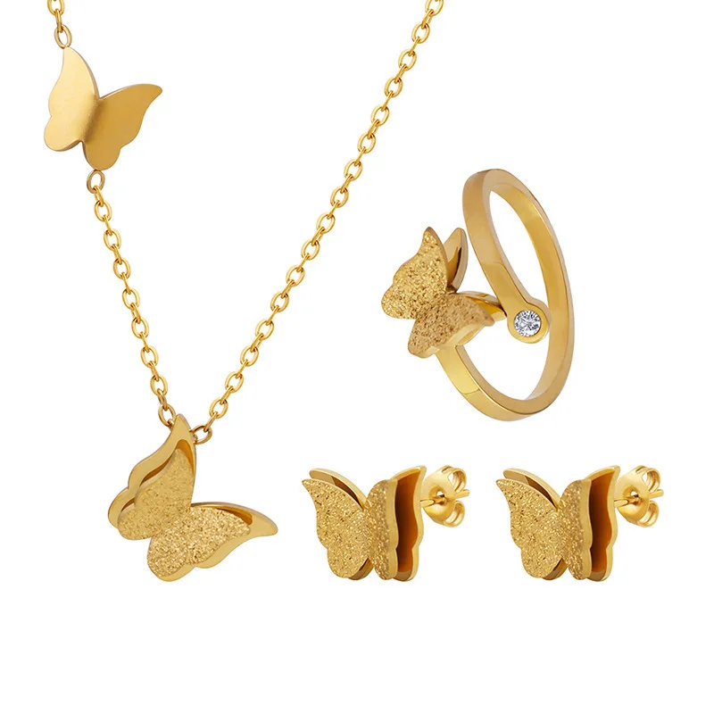 Classic Gold Plated Stainless Steel Butterfly Necklace Earrings Ring Jewelry Set Fashionable Women Party Jewelry