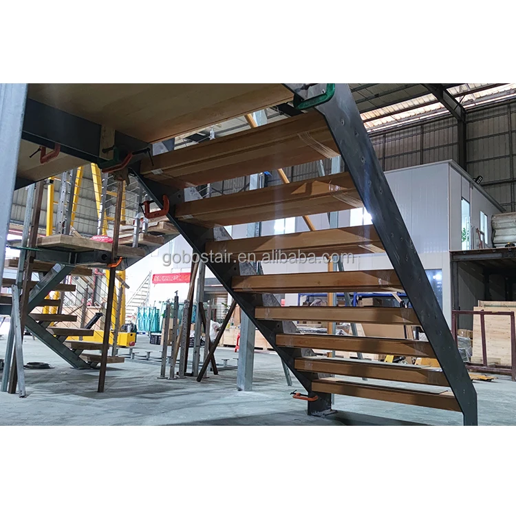 Top Quality Steel Straight Staircase Oak Solid Tread Glass Railing Wooden Handrail Post Bracket Outdoor Floating Stair