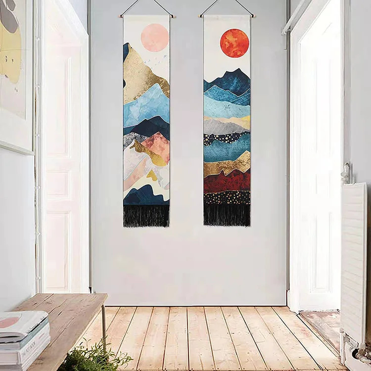 2 pcs River Mountain Nature Landscape Sunset Tapestries Moon Stars Night Starry Sky Long Tapestry Wall Hanging for Home Decor