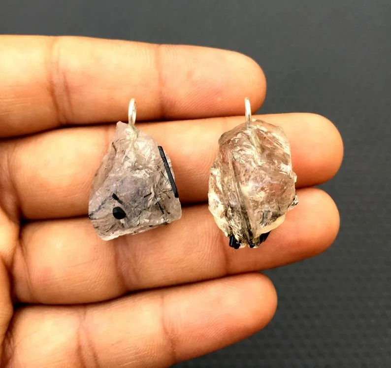 Natural Black Rutile Untreated Rough Gemstone 92.5 Sterling Silver 2 Pieces Handmade Hair Quartz Pendant Jewelry
