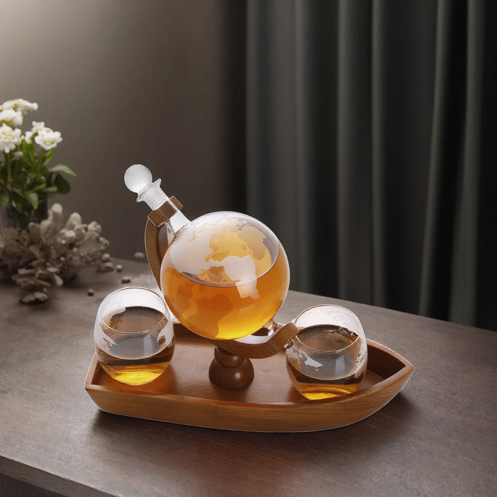 Custom 1000Ml World Globe Whiskey Decanter With Creative Wooden Boat Tray Fancy Whiskey Dispenser Globel Gift Set