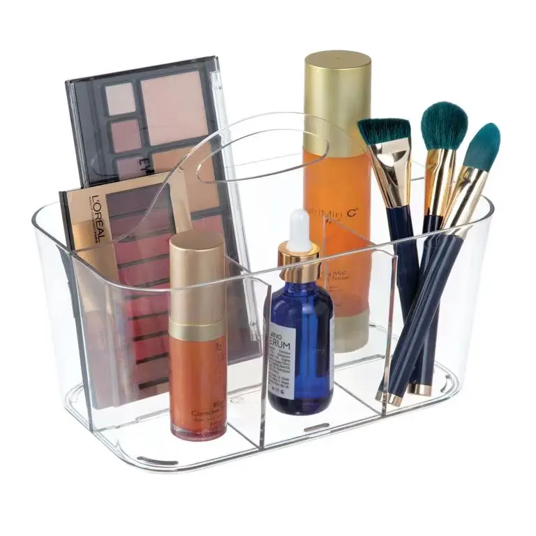 Clear Plastic Makeup Storage Organizer Caddy Tote, Divided Basket Bin, Handle for Bathroom, Holds Eyeshadow Palettes, Nail Polis