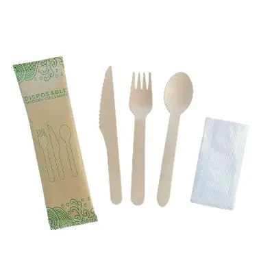 China manufacturer Custom Logo Paper Pachage Disposable Wooden Spoon Knife Fork Cutlery Set Single Use Kitchen Utensil