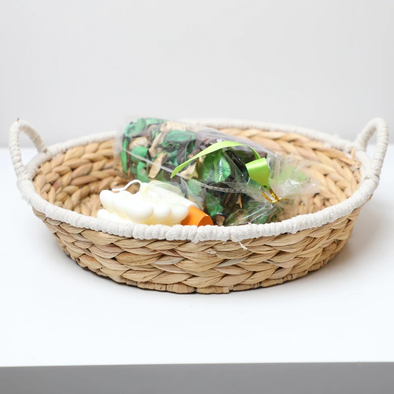 Decoration Water Hyacinth Grass Seagrass Round Woven Tray For Living Room and Bedroom