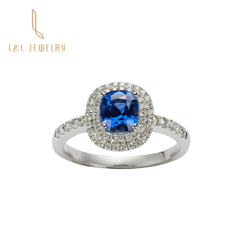 High Quality 18K white solid Gold cushion Natural Sapphire Ring with real diamond women gift Luxury jewelry for wedding rings