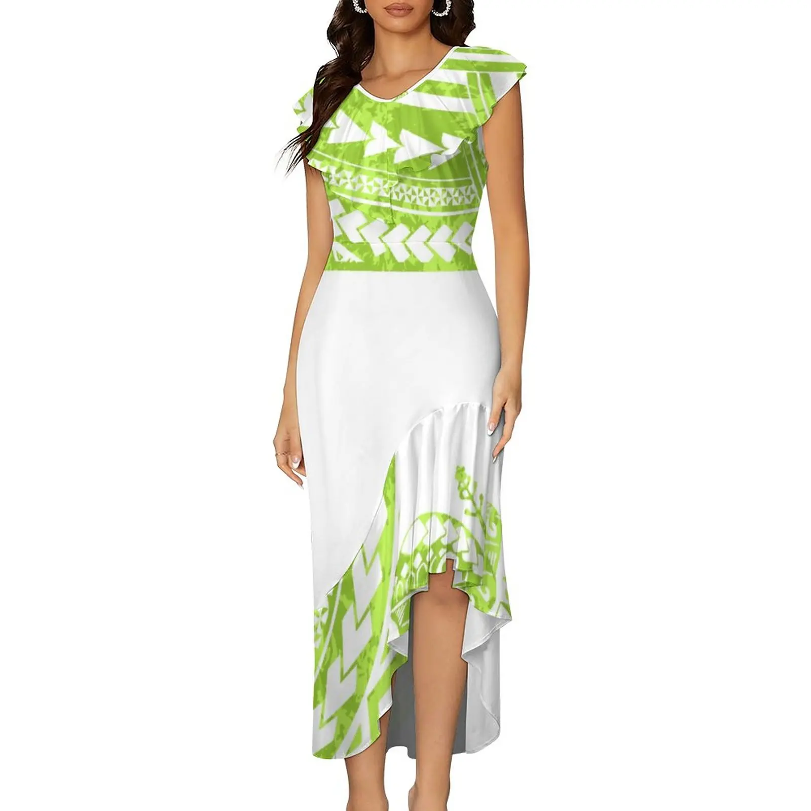 pacific island ruffles slim fit sexy ladies dress tropical printed summer elegant party hawaiian polynesian tribal design dress