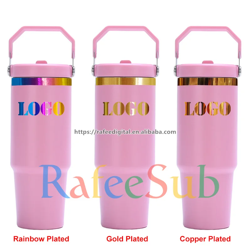 30oz 30 oz Rainbow/ Gold/ Copper Plated Base Laser Engrave Powder Coated Flip Straw Stainless Steel Tumbler Cup with Top Handle