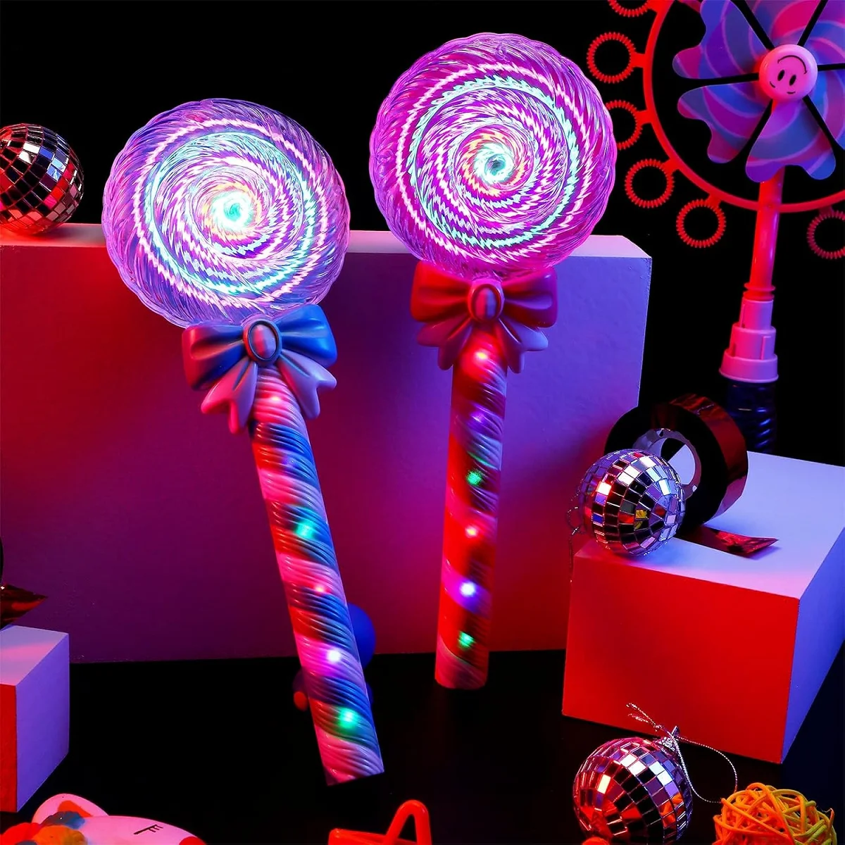Light Up Spinning Lollipop Wand 12 Inch LED Princess Glitter Light up Wand Suitable for Pretend Play Prop Carnival Prize