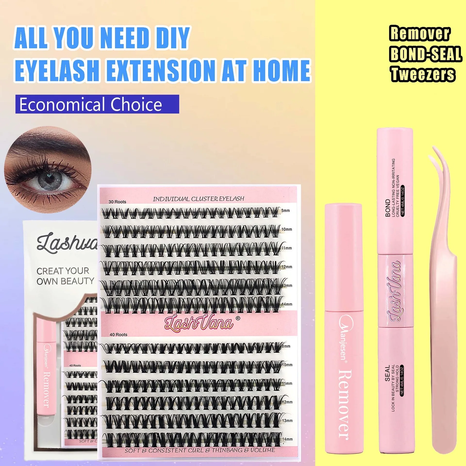 DIY eye lash extensions at home eyelash tools tweezers lashes glue bond and seal segmented cluster eyelash kit sets