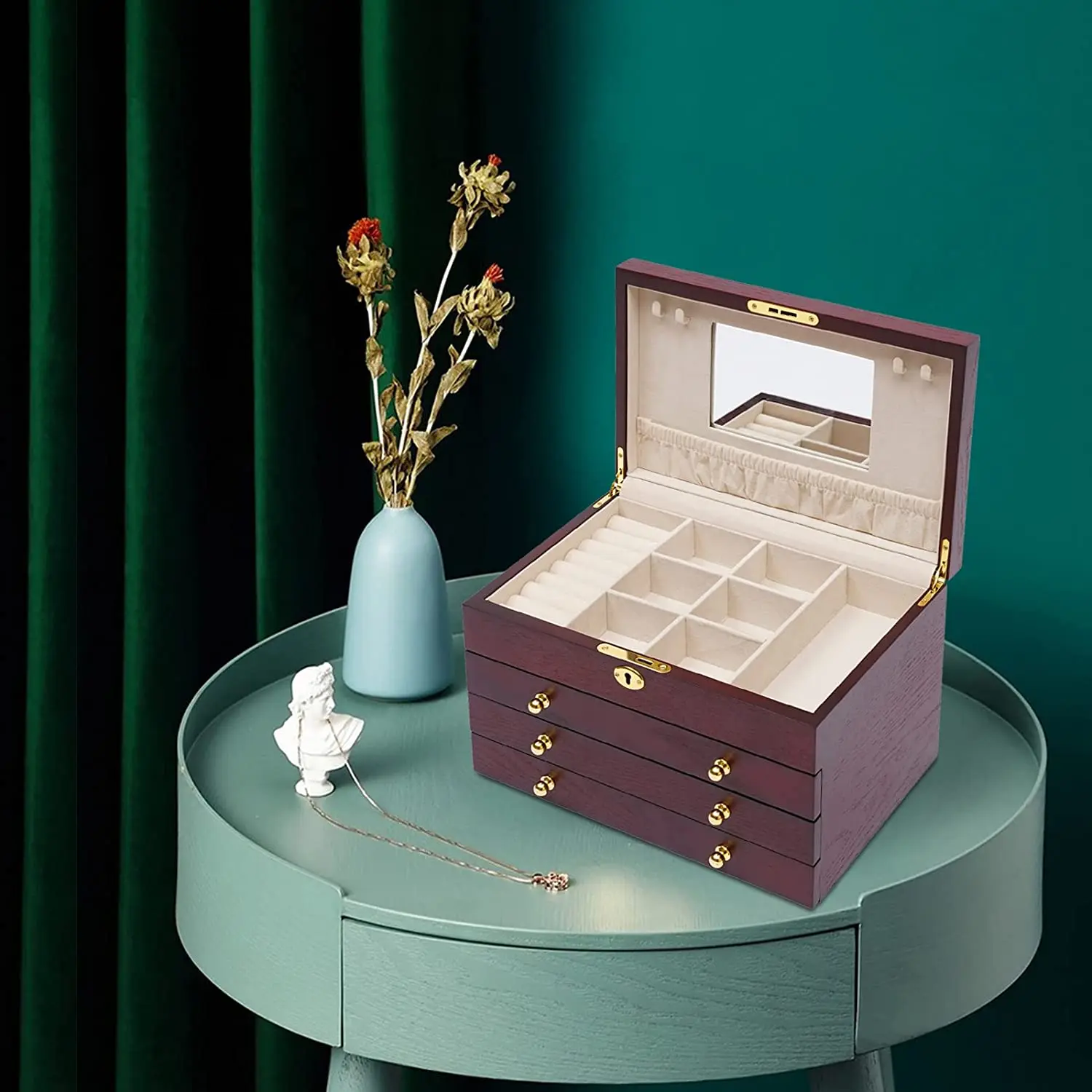 Деревянная шкатулка для ювелирных изделий винтажный органайзер хранения ожерелий и колец из массива дерева с зеркалом оптовая продажа
