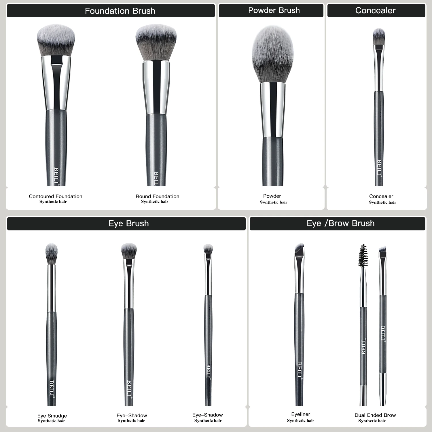 Custom Luxury Professional Grey Wood Handle Vegan Makeup Brushes Hight Quality Synthetic Hair Travel Make Up Brush Set With Bag
