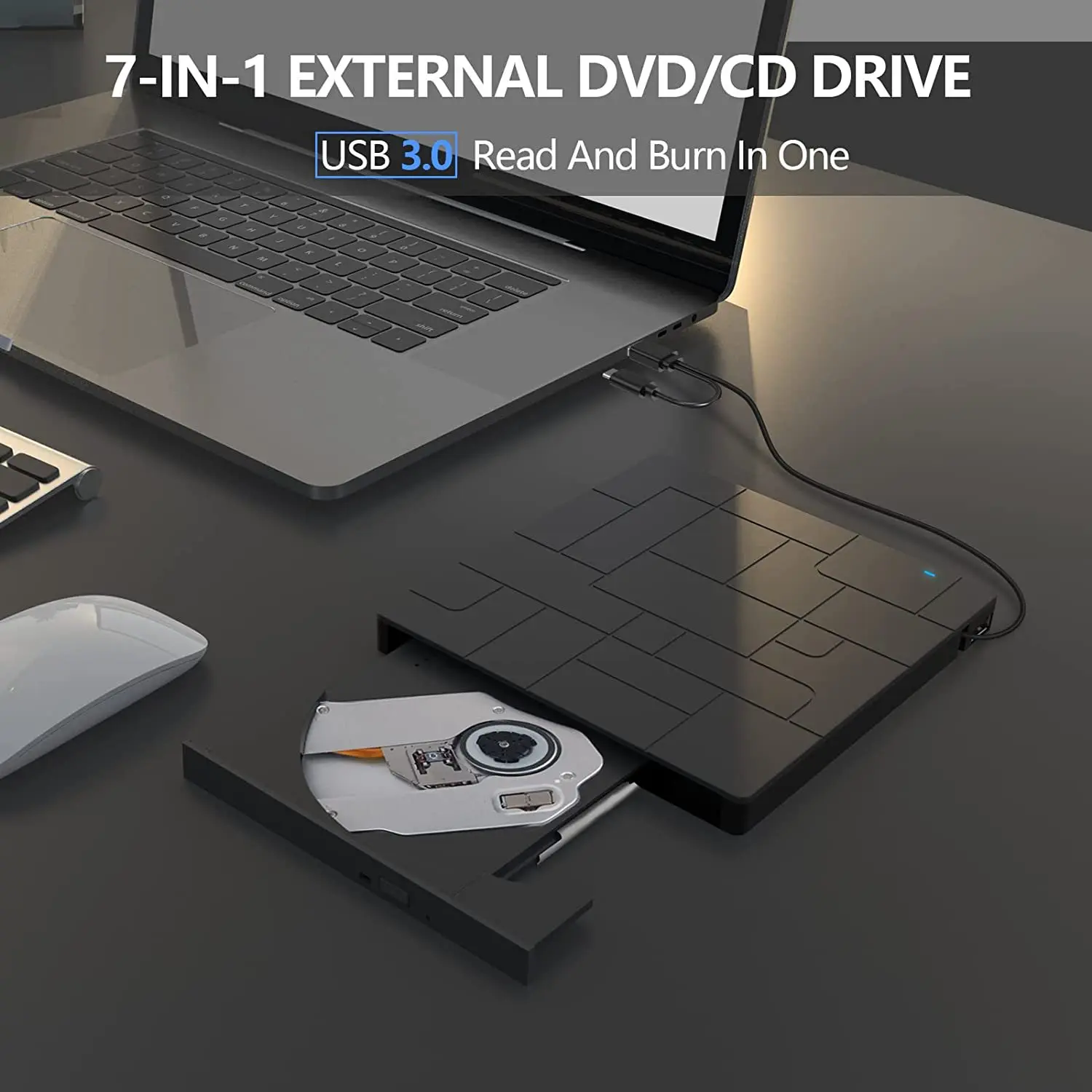 USB3.0 Type C Laptop external optical drive with Hub, 7 in 1 l Dvd burner with USB C HUB read U disk, SD card TF card