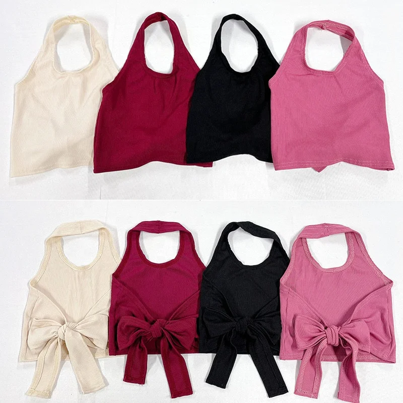 Wholesale factory custom  halter crop top Strap Shirts Tie Bow baby girl ribbed Backless Halter Tops