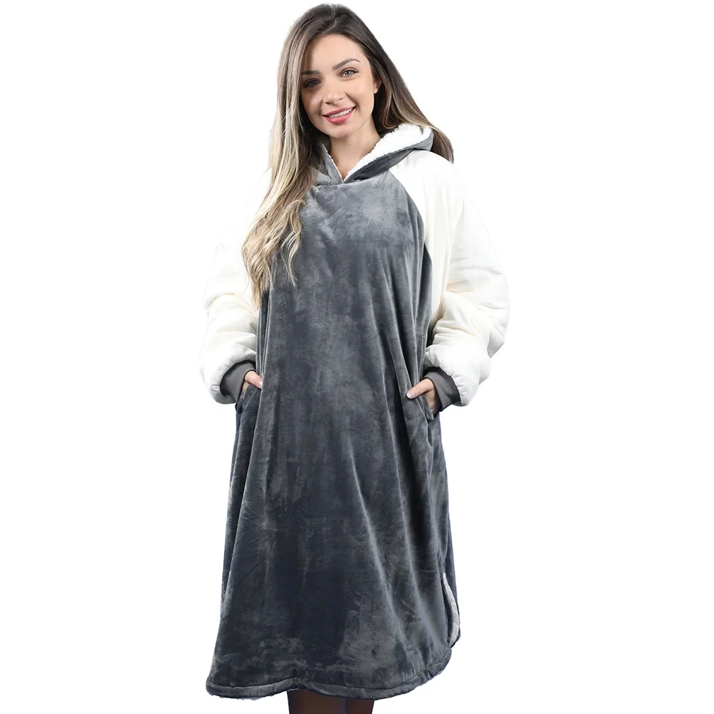 Cozy One Size Sherpa Comfortable Hoodie Plain Sweatshirt Wearable Adult Hooded Oversized Hoodie Blanket