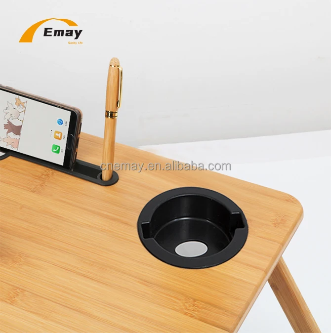 Bamboo Folding  Lap Table Laptop Desk Bed  Small Dormitory Bed Table Tray With Phone Stand Cup Holder Support