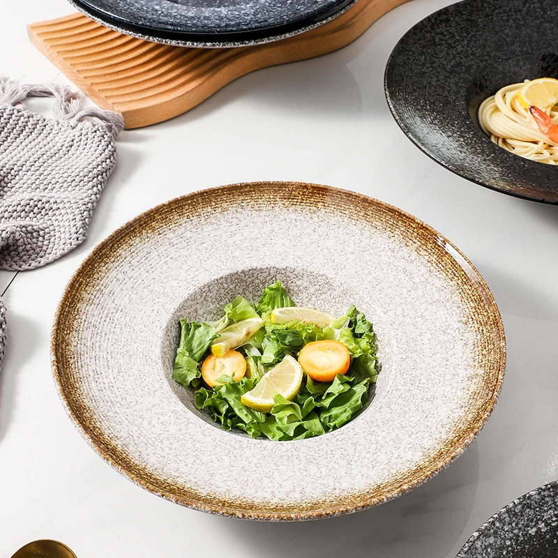 Porcelain Black Round Salad Plate with Rim Ceramic Soup Plate, Direct Factory Deep Plate For Restaurant