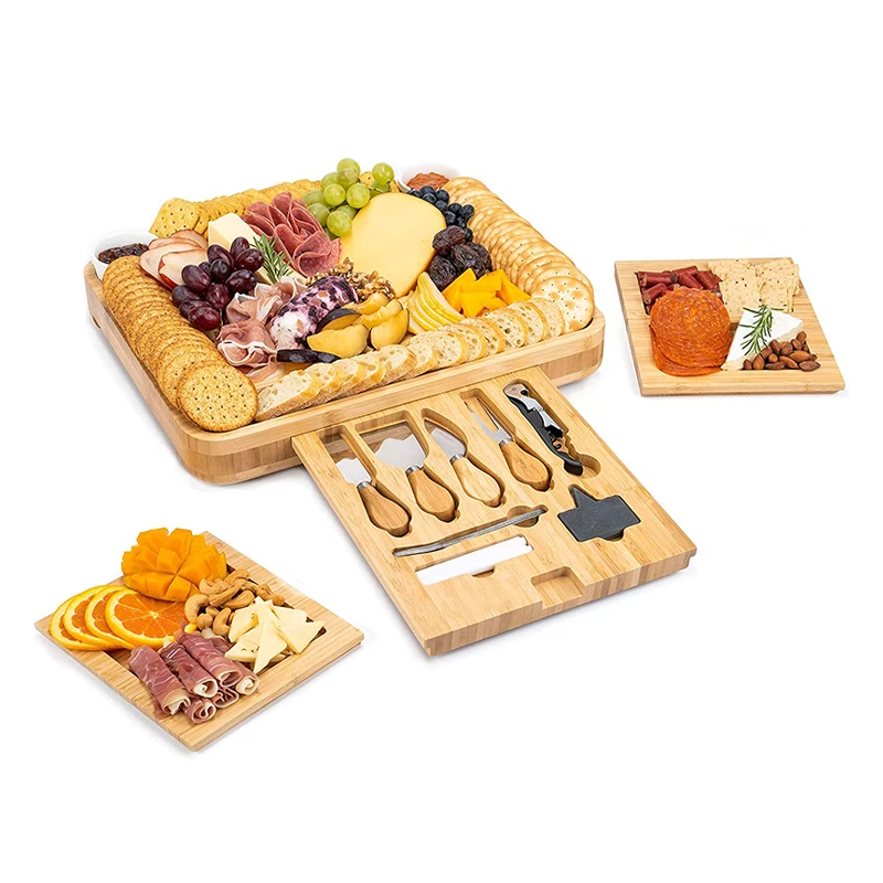 Оптовая продажа, набор очень больших досок из бамбукового сыра, Бамбуковая доска для сыра с 6 наборами ножей