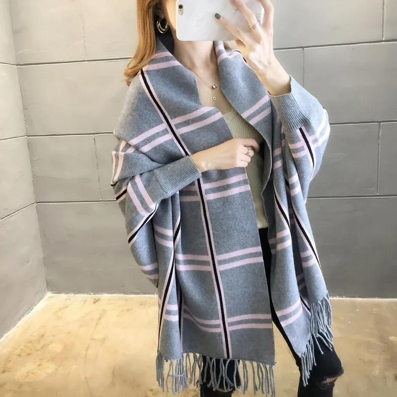 Wholesale new arrival winter open front batwing sleeve knitted plaid cardigan vintage shawl