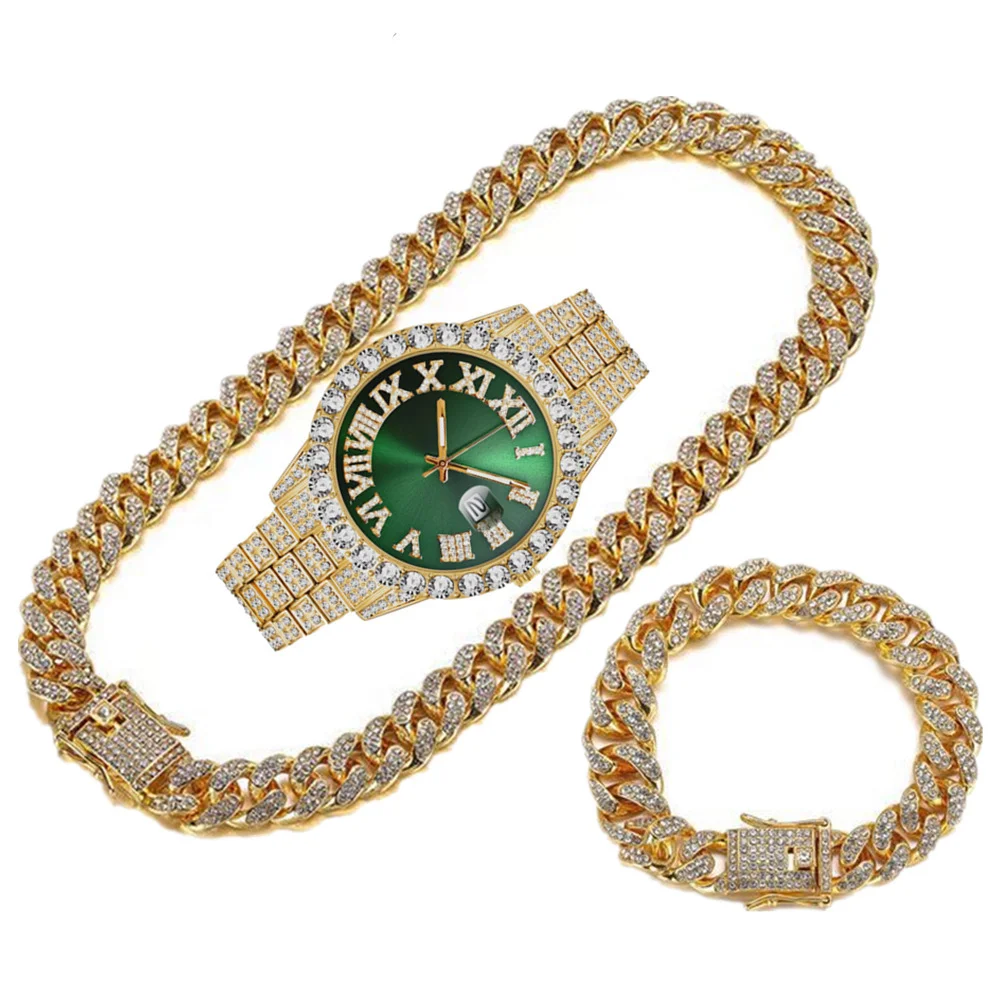 Cheap Fully Iced Out Rhinestone Men Quartz Watch With 13mm Miami Cuban Necklace Bracelet Chain
