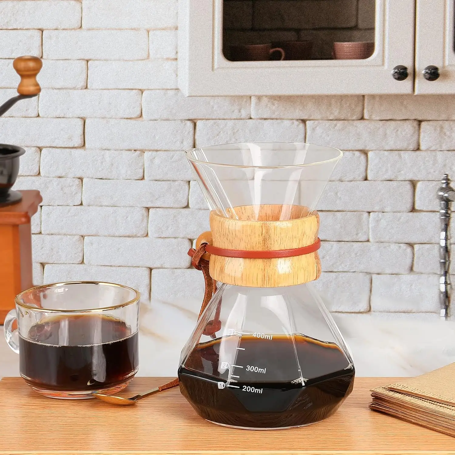 Pour Over Coffee Maker Borosilicate Glass Coffee Carafe Modern Wooden Collar Glass diamond rhomboid Coffee Maker Carafe
