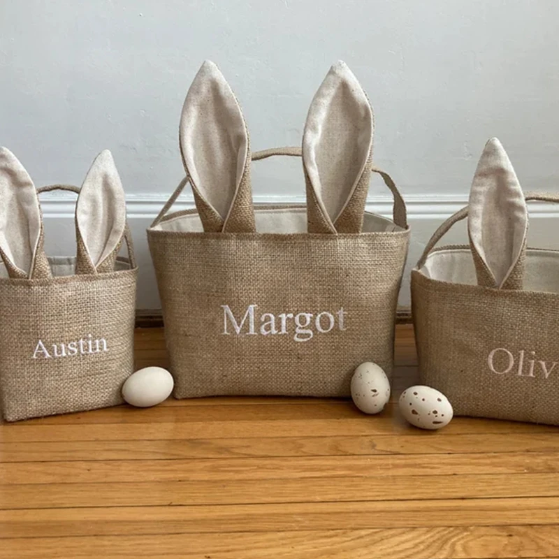 Personalized Easter Basket Easter Decorations 2023 Bunny Ears Burlap Bunny Easter Basket