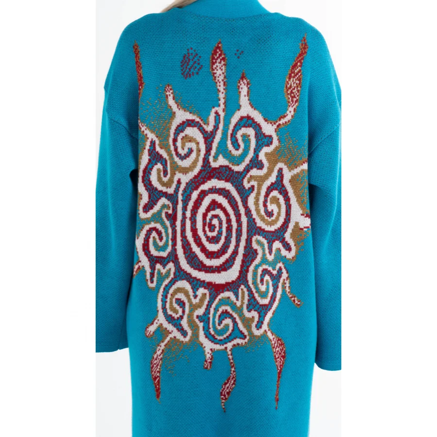 Теплый Женский длинный вязаный синий кардиган «икат» для женщин