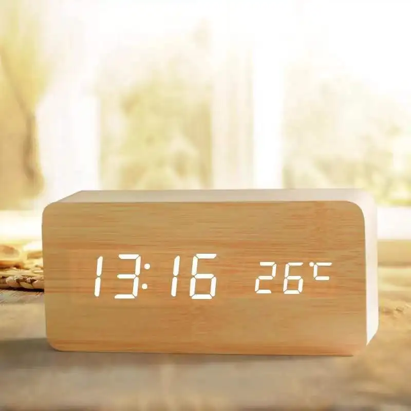  Лидер продаж на Amazon цифровой светодиодный Будильник с отображением времени и температуры для детей настольные часы регулируемым деревянным будильником