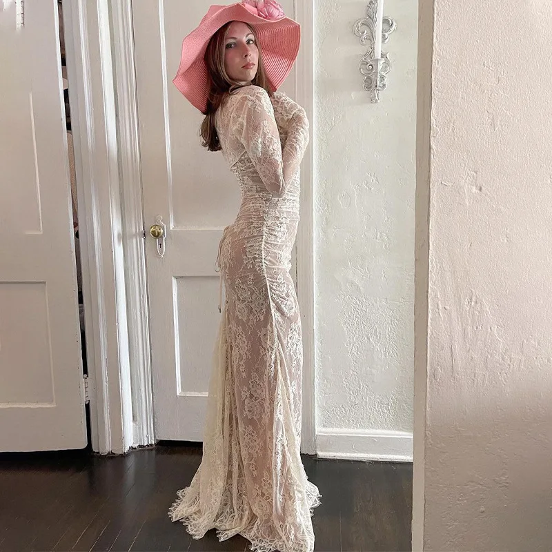 Long Sleeve Wraps and Slip Womens Summer Dresses 2 Pcs Summer Dress Double Layer Lace Up Full Length Elegant Women Lace Dresses