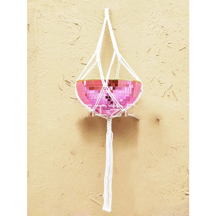 Disco Ball Planter,ball shape hanging flower pots Basket with Metal Macrame Rope Hanging Drainage