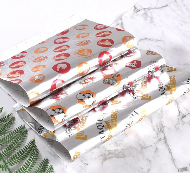 Custom Printed Foil Paper Aluminum Foil Paper for Hamburger Sandwich Fast Food Wrap Grease proof BBQ Baking Foil Paper