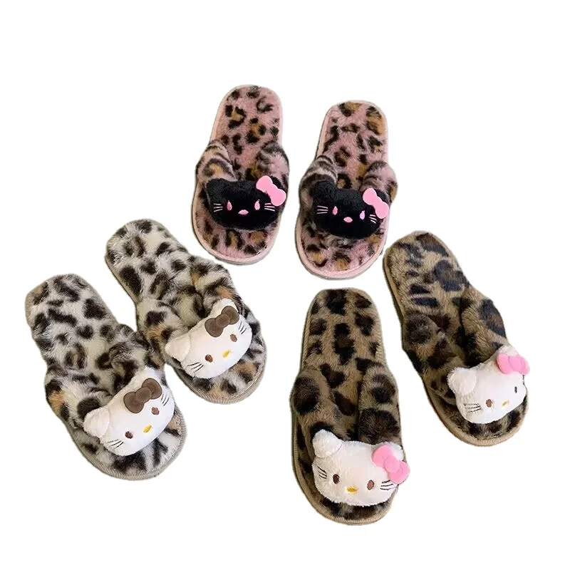 Ruunjoy Anime Woman Plush Slippers  Winter Plush Flip Flops Kawaii Leopard Print Warm Slippers Fashion Cute Warm Shoes