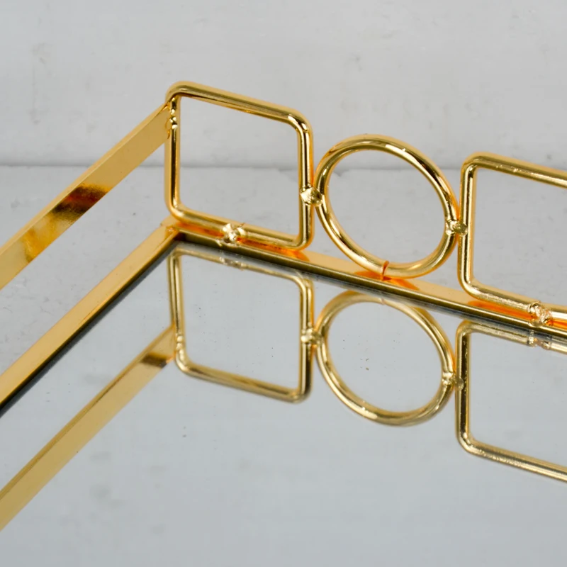 Custom Metal Decorative  Perfume Organizer luxury Makeup Tray Mirror Vanity Tray Gold Mirror metal Tray