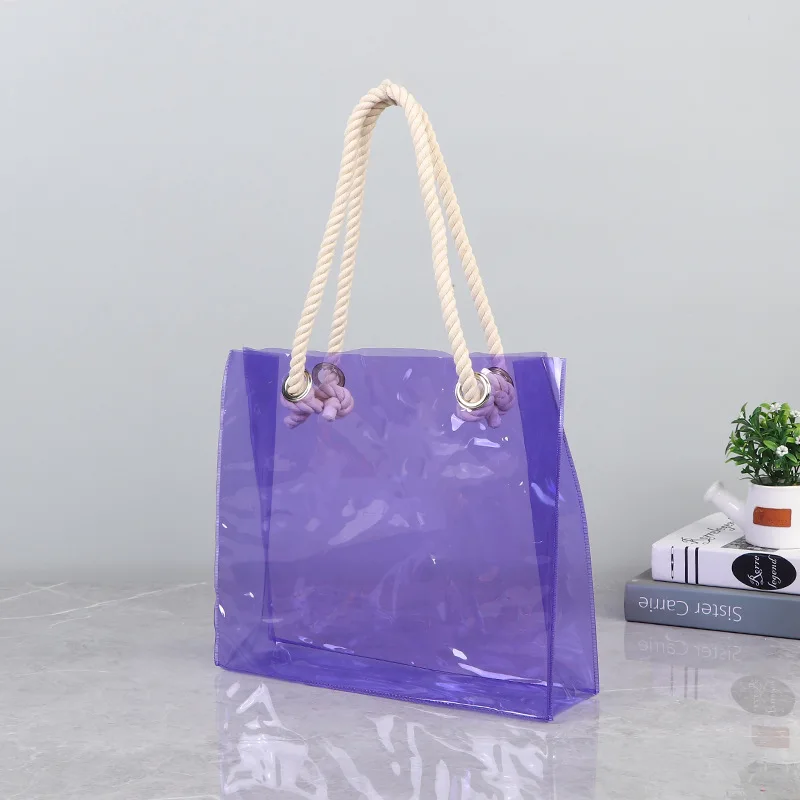 Customized Waterproof Transparent Beach Jelly Tote Shopping Bags Plastic Clear Pvc Tote Bag with Cotton Rope Handle for Gift