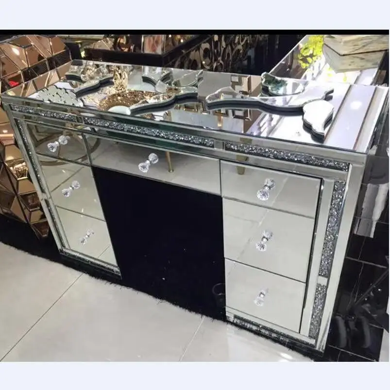 Top Seller Contemporary Crushed Diamond Mirrored Furniture Vanity Dresser Mirrored Dressing Table with Makeup Hollywood Mirror